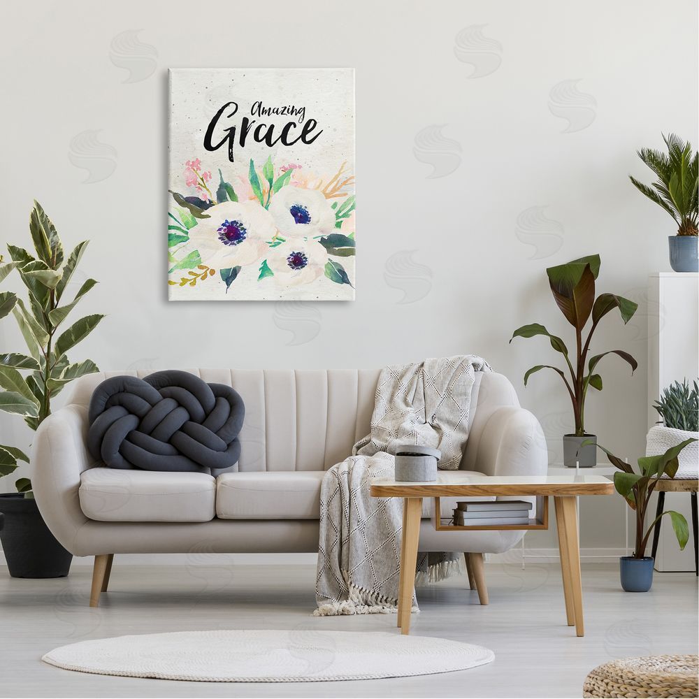 Amy Brinkman Amazing Grace Calligraphy White Flower Blossom Botanicals Canvas Wall Art Print in Room