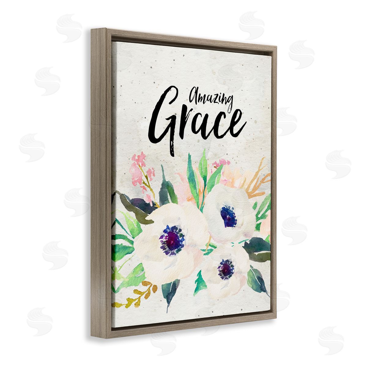 Amy Brinkman Amazing Grace Calligraphy White Flower Blossom Botanicals Brown Floating Frame Canvas Wall Art Print