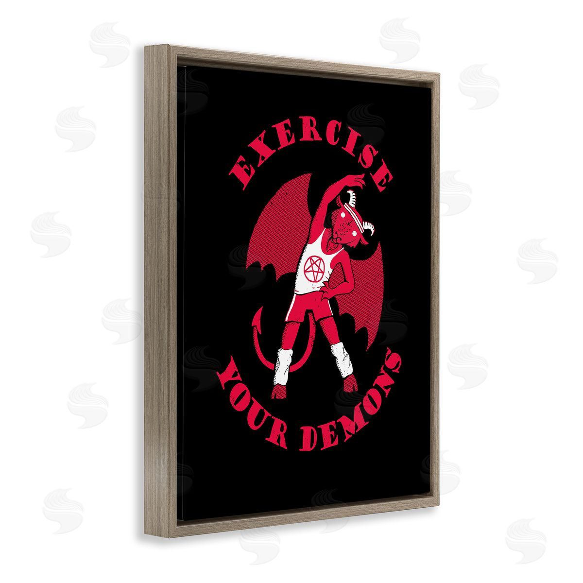 Michael Buxton Exercise Your Demons Funny Red Devil Workout  Brown Floating Frame Canvas Wall Art Print