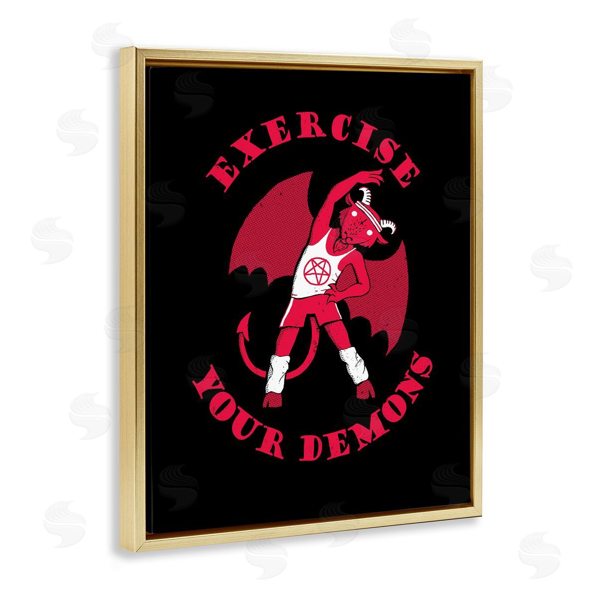 Michael Buxton Exercise Your Demons Funny Red Devil Workout  Gold Floating Frame Canvas Wall Art Print