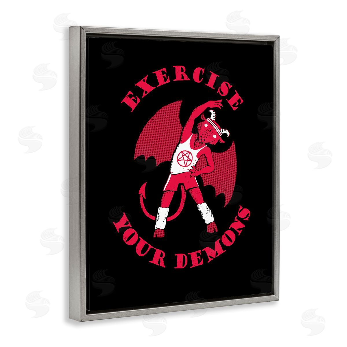 Michael Buxton Exercise Your Demons Funny Red Devil Workout  Gray Floating Frame Canvas Wall Art Print