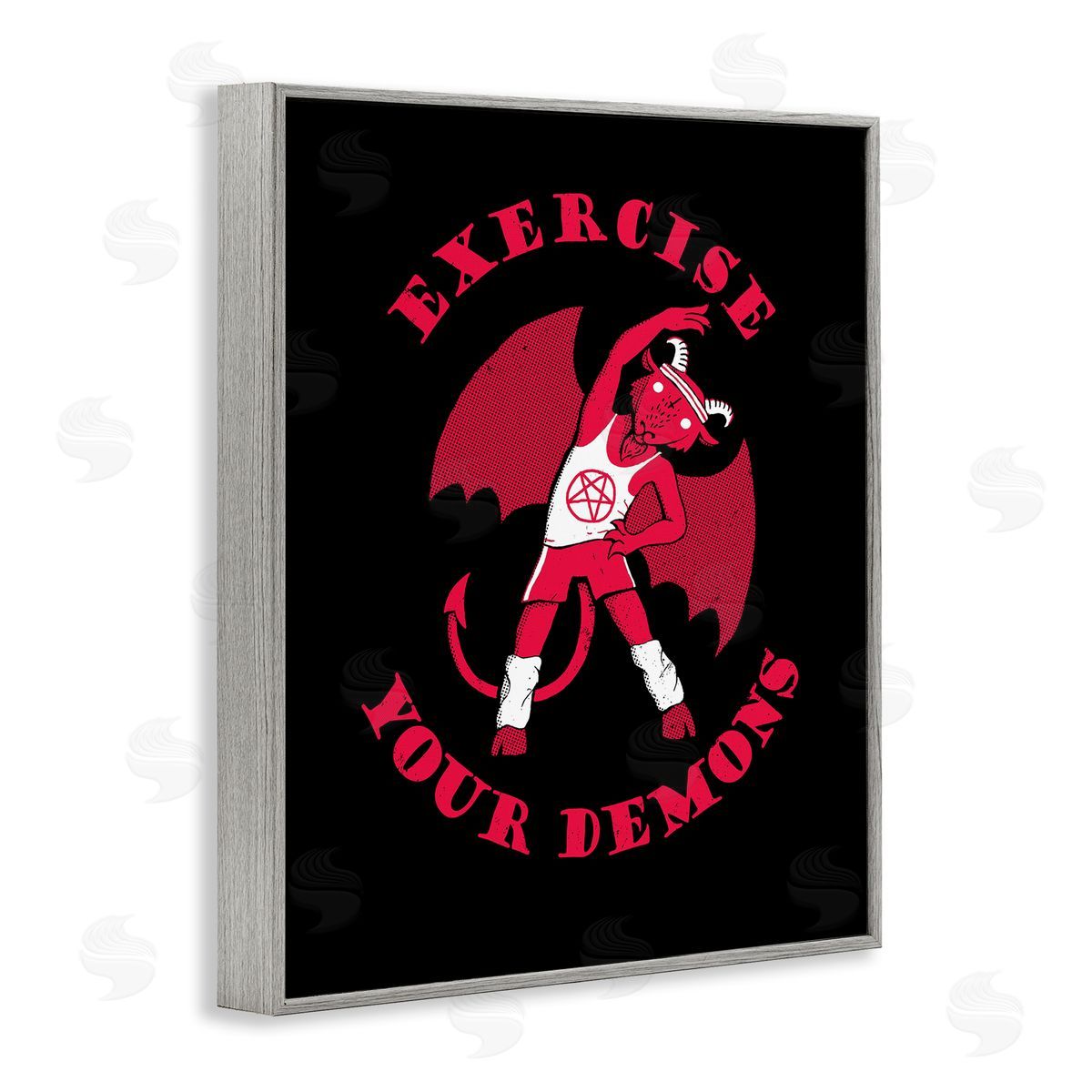 Michael Buxton Exercise Your Demons Funny Red Devil Workout  Gray Framed Giclee Wall Art Print