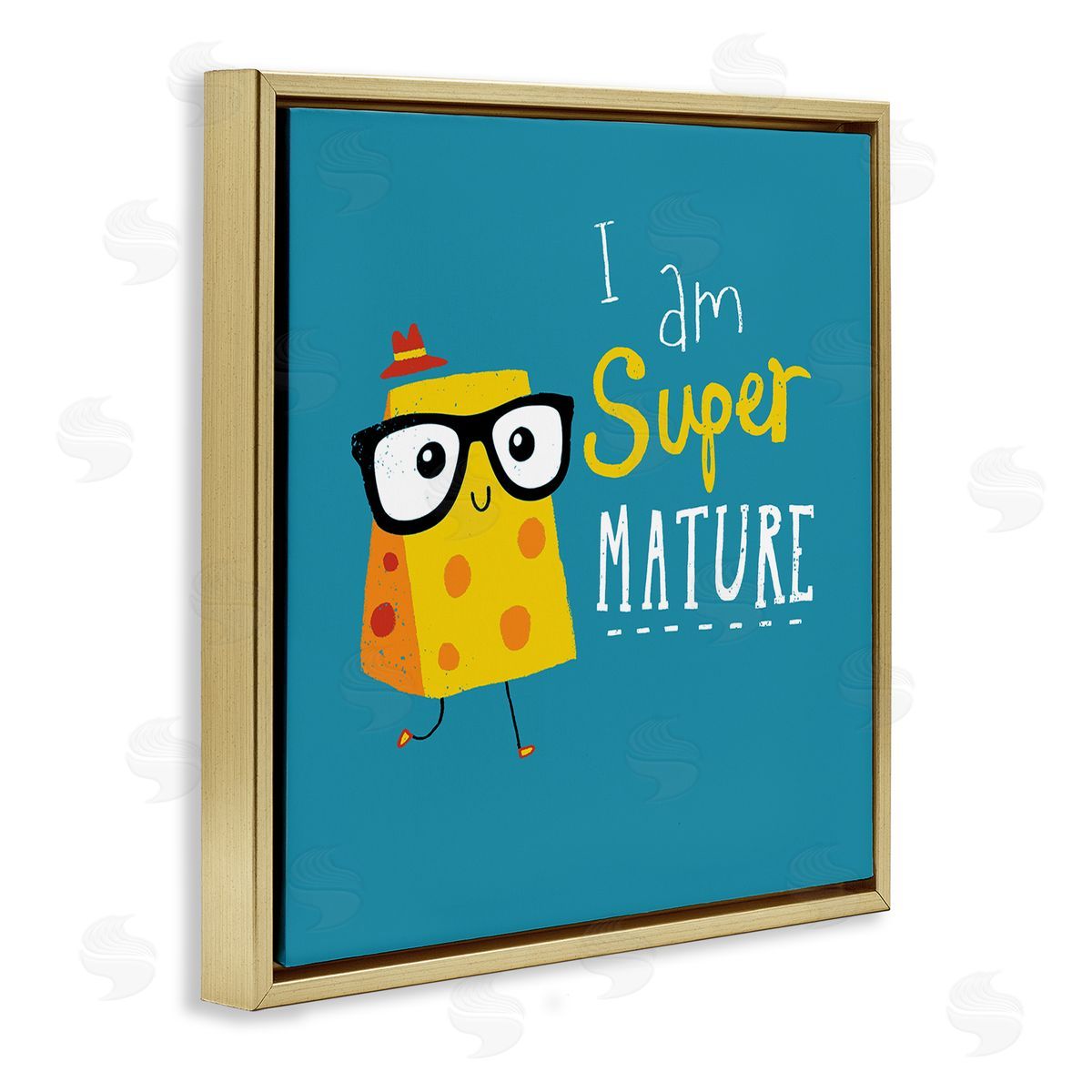 Michael Buxton Super Mature Swiss Cheese Humor Phrase Typography Gold Floating Frame Canvas Wall Art Print