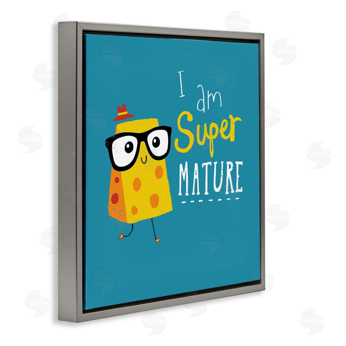 Michael Buxton Super Mature Swiss Cheese Humor Phrase Typography Gray Floating Frame Canvas Wall Art Print