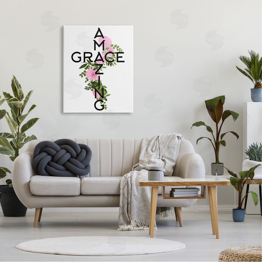 Anne Bailey Amazing Grace Pink Floral Cross Shape Botanicals Canvas Wall Art Print in Room