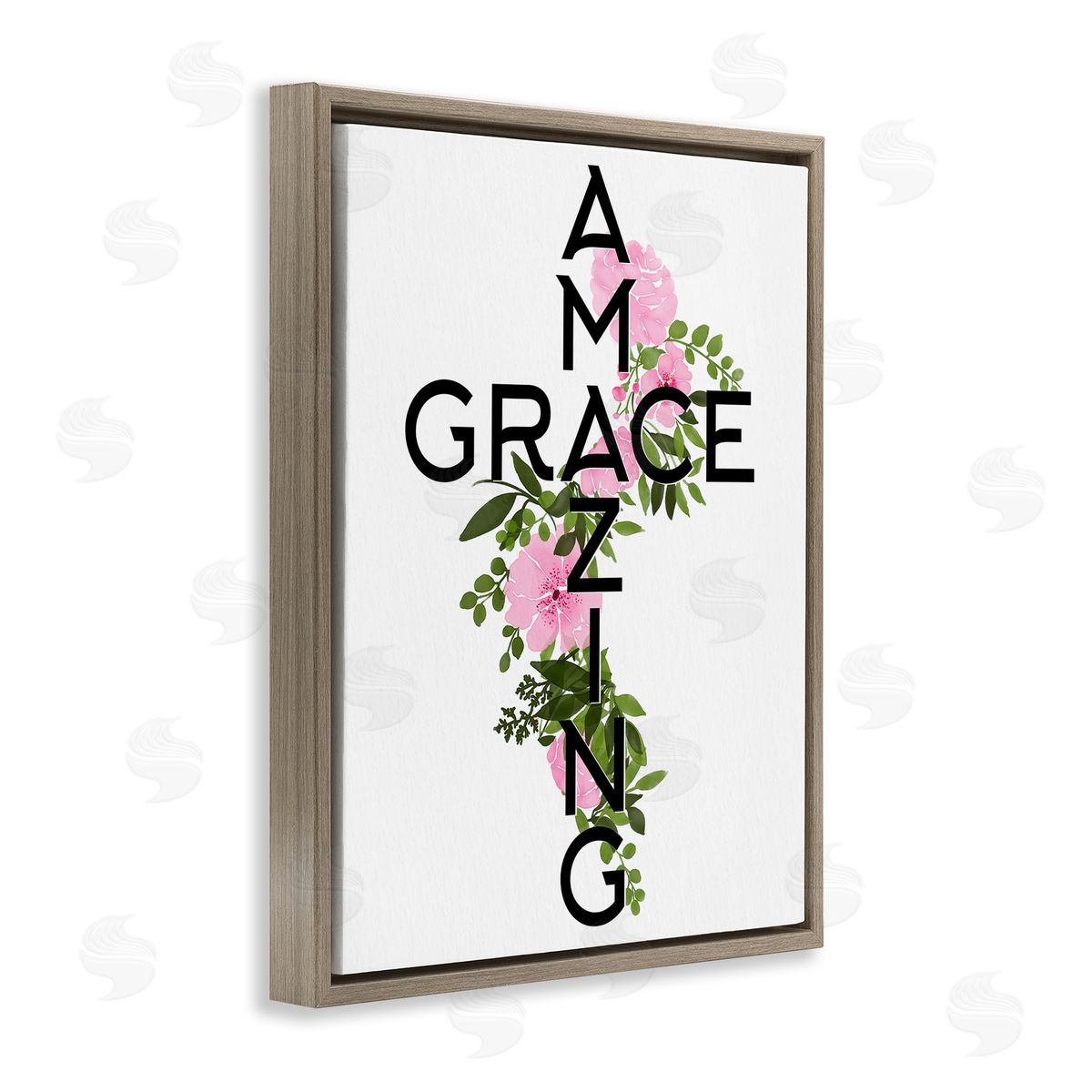 Anne Bailey Amazing Grace Pink Floral Cross Shape Botanicals Brown Floating Frame Canvas Wall Art Print