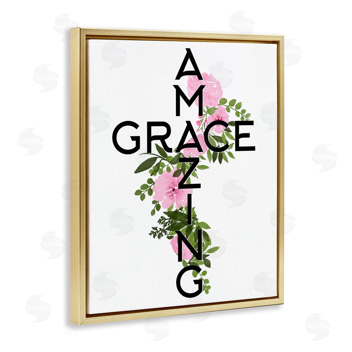 Anne Bailey Amazing Grace Pink Floral Cross Shape Botanicals Gold Floating Frame Canvas Wall Art Print