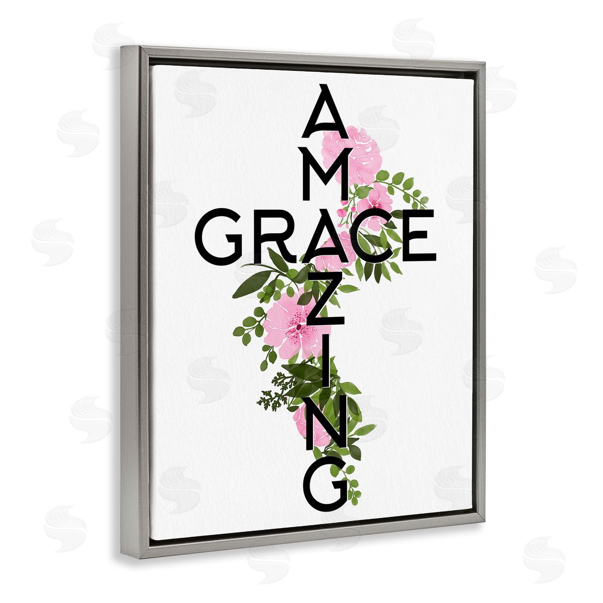 Anne Bailey Amazing Grace Pink Floral Cross Shape Botanicals Gray Floating Frame Canvas Wall Art Print