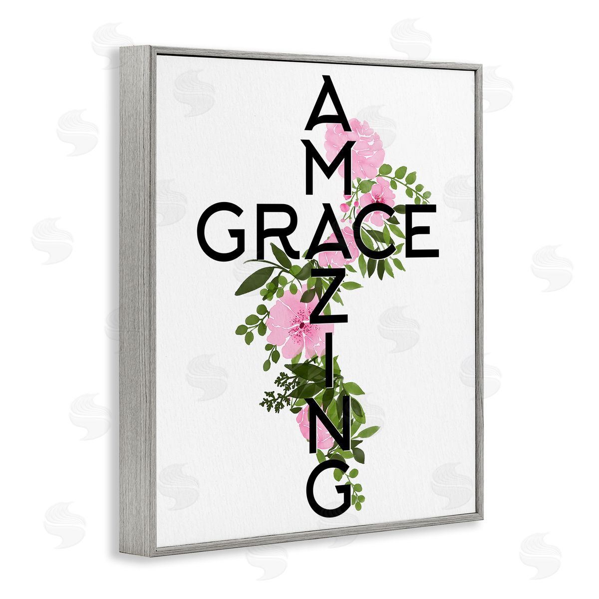 Anne Bailey Amazing Grace Pink Floral Cross Shape Botanicals Gray Framed Giclee Wall Art Print