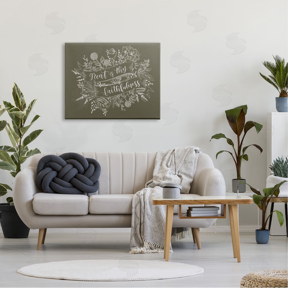 Imperfect Dust Great Is Thy Faithfulness Religious Phrase Botanical   Canvas Wall Art Print in Room