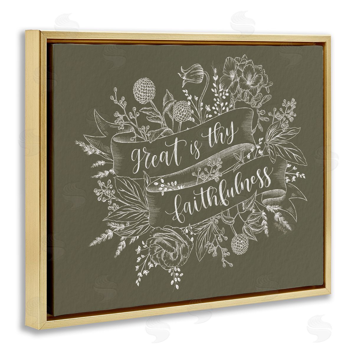 Imperfect Dust Great Is Thy Faithfulness Religious Phrase Botanical   Gold Floating Frame Canvas Wall Art Print