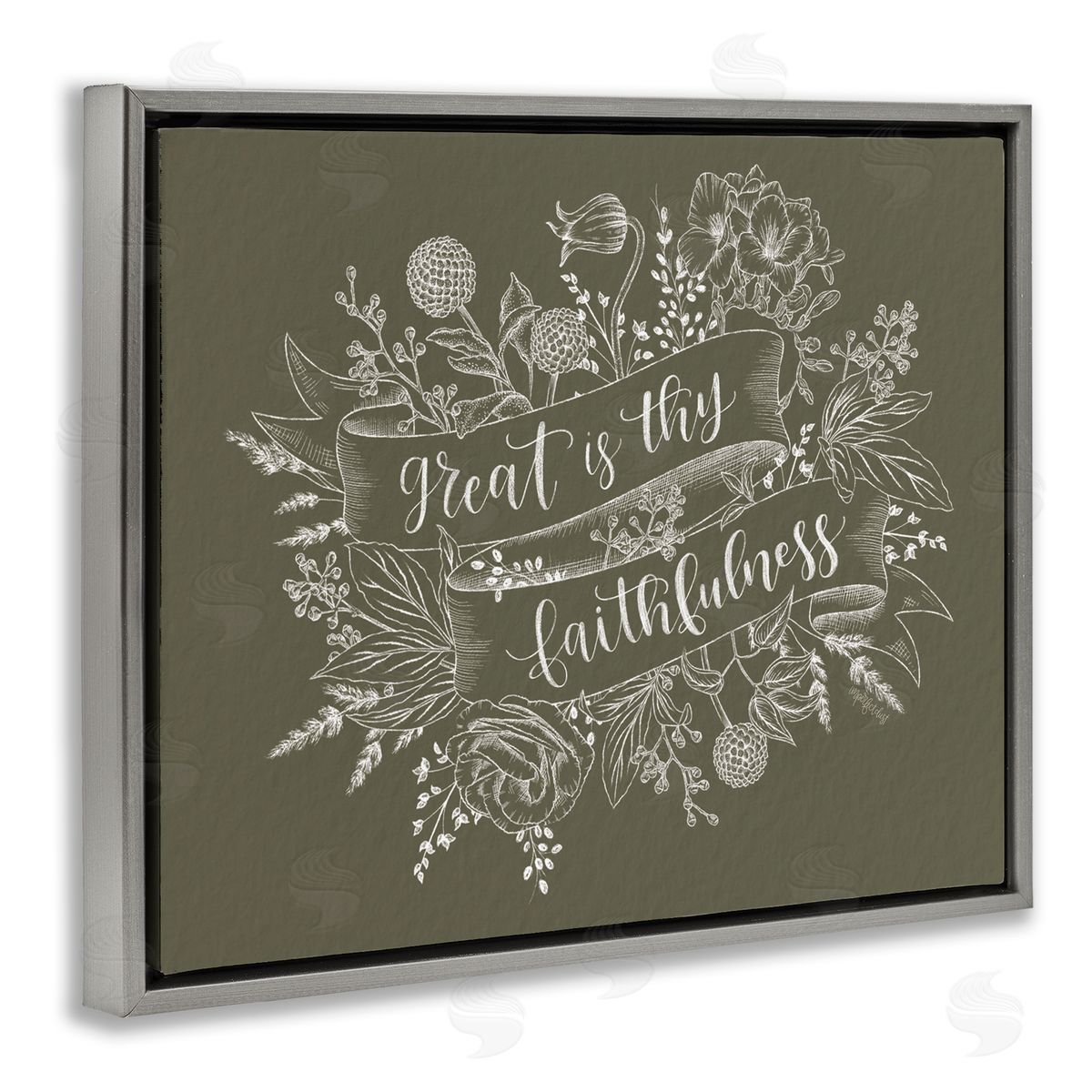 Imperfect Dust Great Is Thy Faithfulness Religious Phrase Botanical   Gray Floating Frame Canvas Wall Art Print