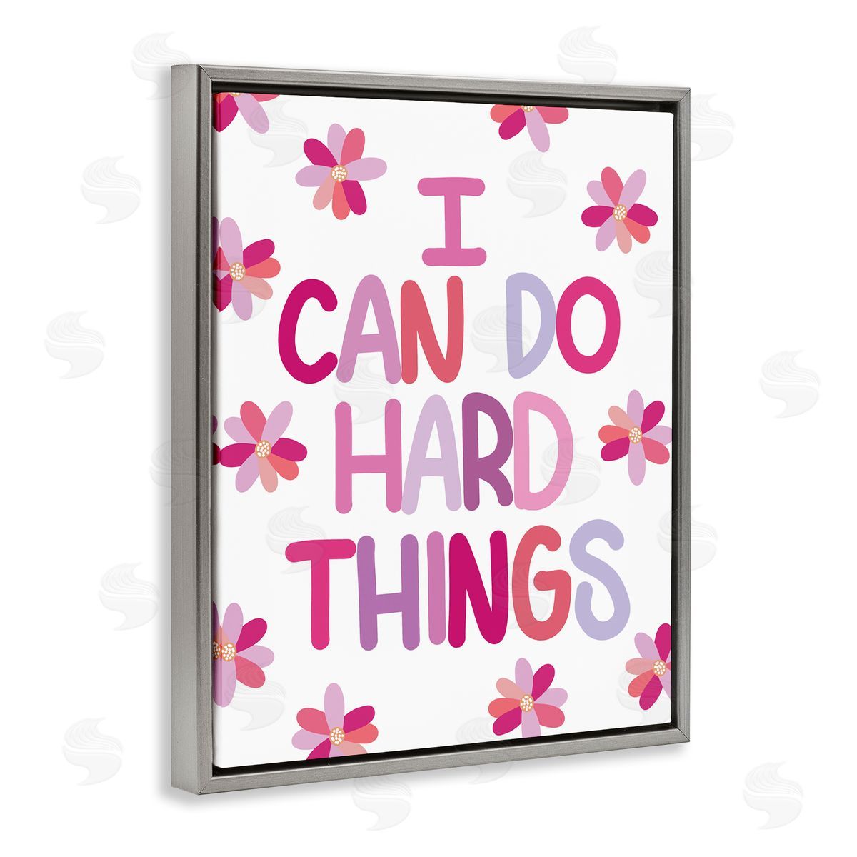 Emily Cromwell I Can Do Hard Things Humorous Floral Pattern  Gray Floating Frame Canvas Wall Art Print