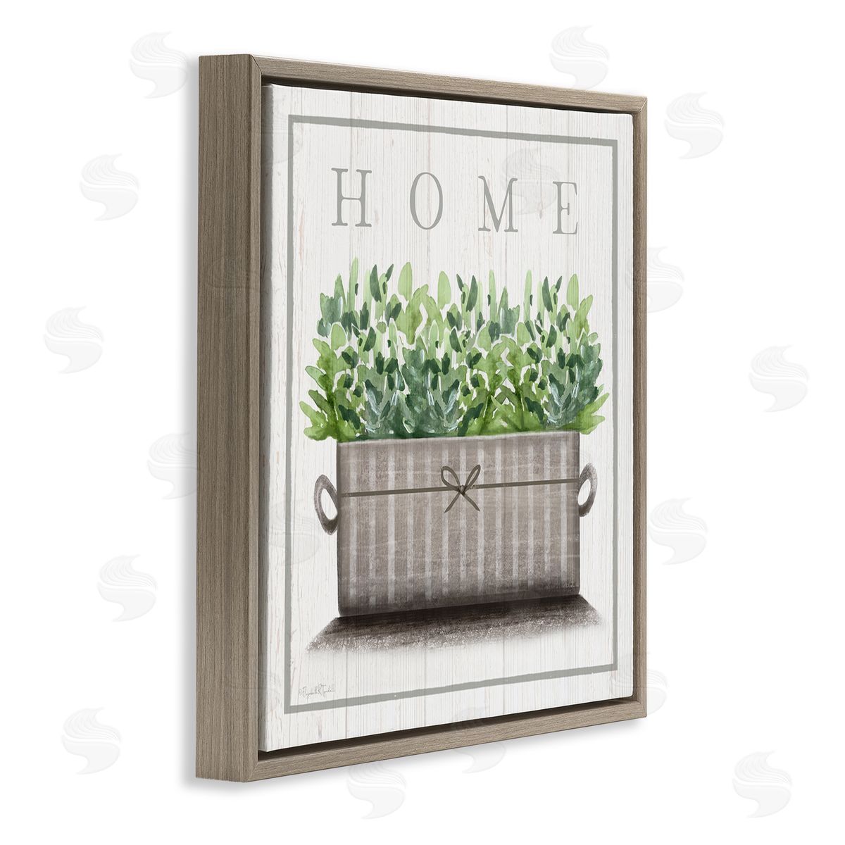 Elizabeth Tyndall Country Home Potted Plant Rustic Pattern Sign Brown Floating Frame Canvas Wall Art Print