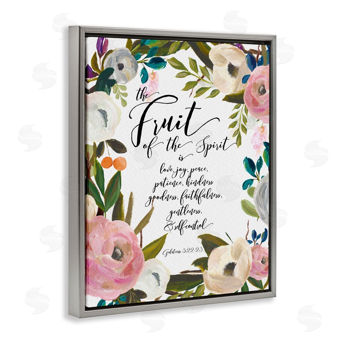 Amy Brinkman Fruit of the Spirit Religious Faith Calligraphy Passage  Gray Floating Frame Canvas Wall Art Print