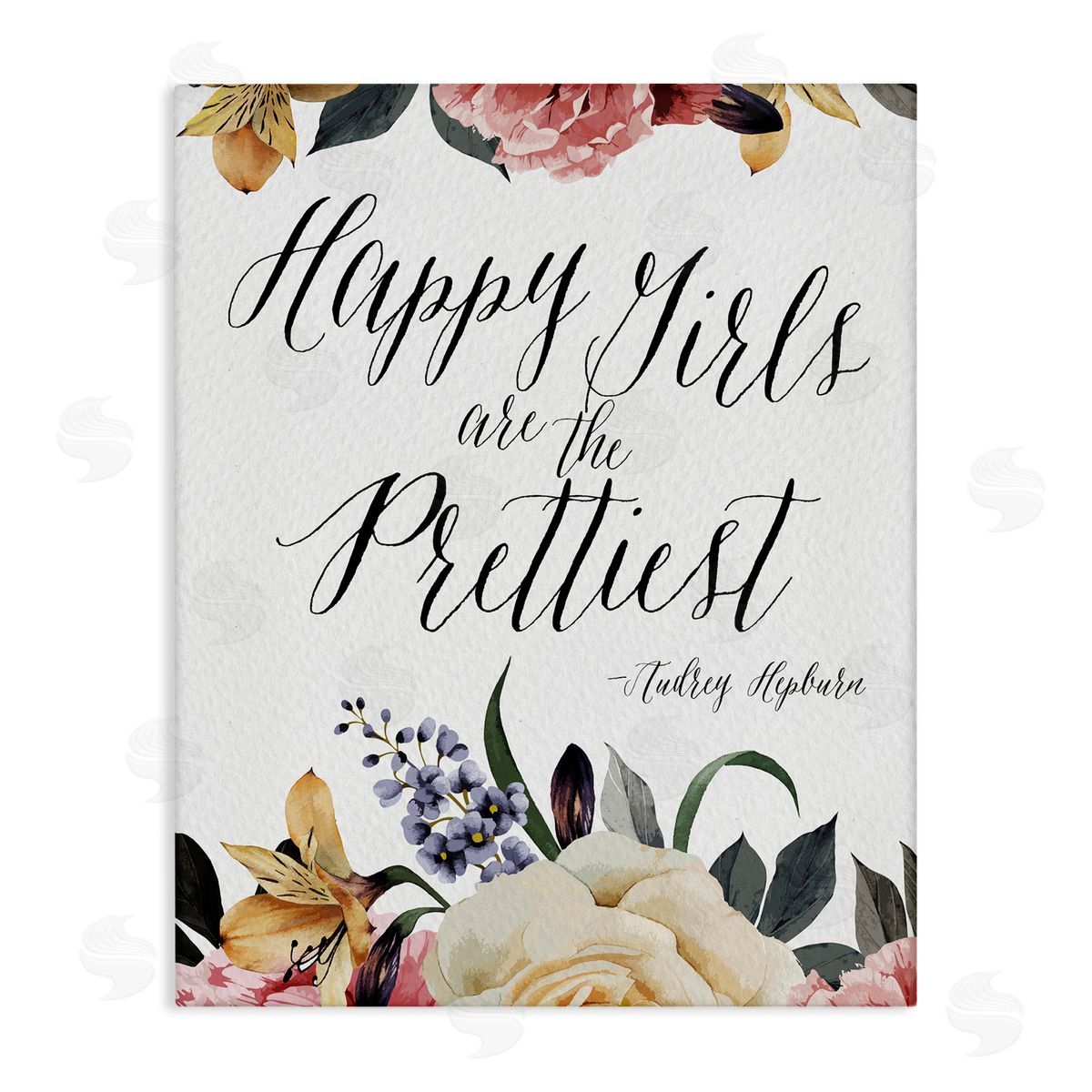 Amy Brinkman Happy Girls Are Prettiest Quote Floral Blossom   Stretched Canvas Wall Art Print