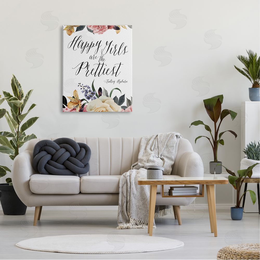 Amy Brinkman Happy Girls Are Prettiest Quote Floral Blossom   Canvas Wall Art Print in Room