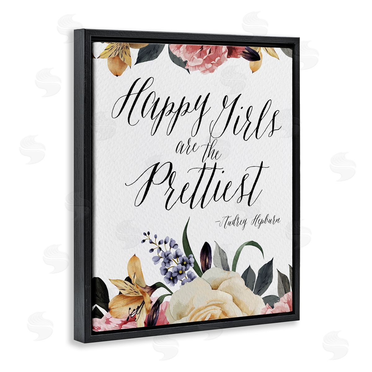 Amy Brinkman Happy Girls Are Prettiest Quote Floral Blossom   Black Floating Frame Canvas Wall Art Print