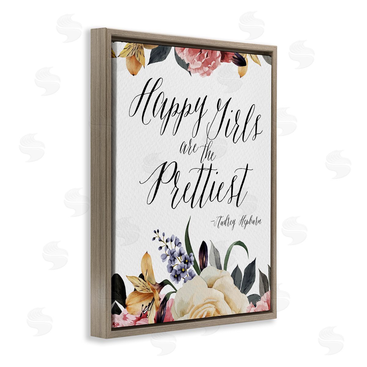 Amy Brinkman Happy Girls Are Prettiest Quote Floral Blossom   Brown Floating Frame Canvas Wall Art Print