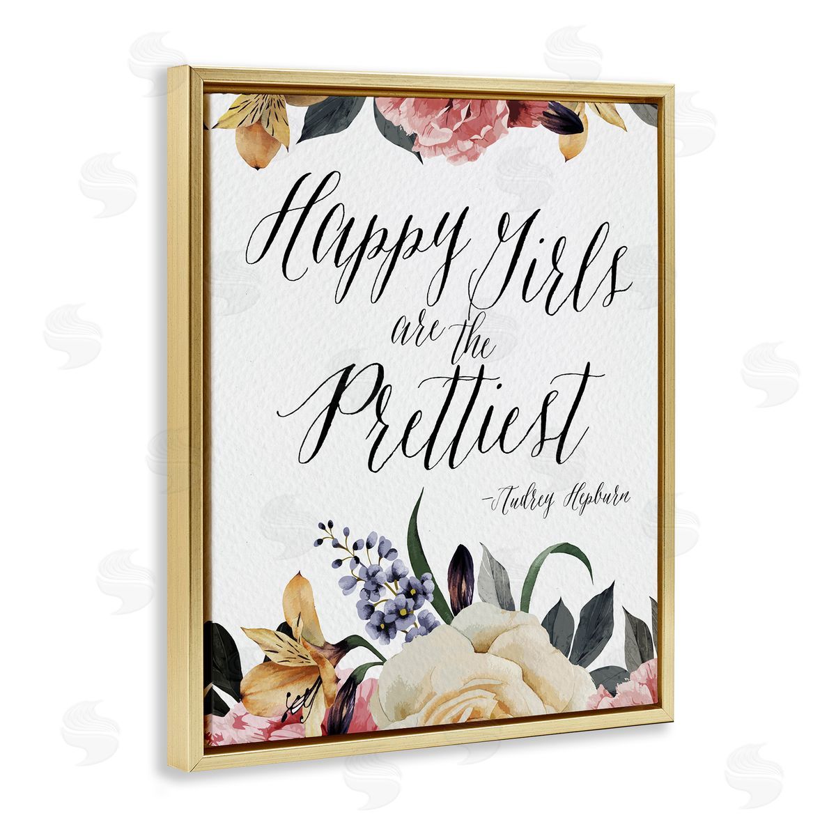 Amy Brinkman Happy Girls Are Prettiest Quote Floral Blossom   Gold Floating Frame Canvas Wall Art Print