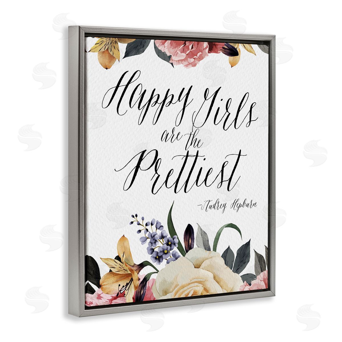 Amy Brinkman Happy Girls Are Prettiest Quote Floral Blossom   Gray Floating Frame Canvas Wall Art Print