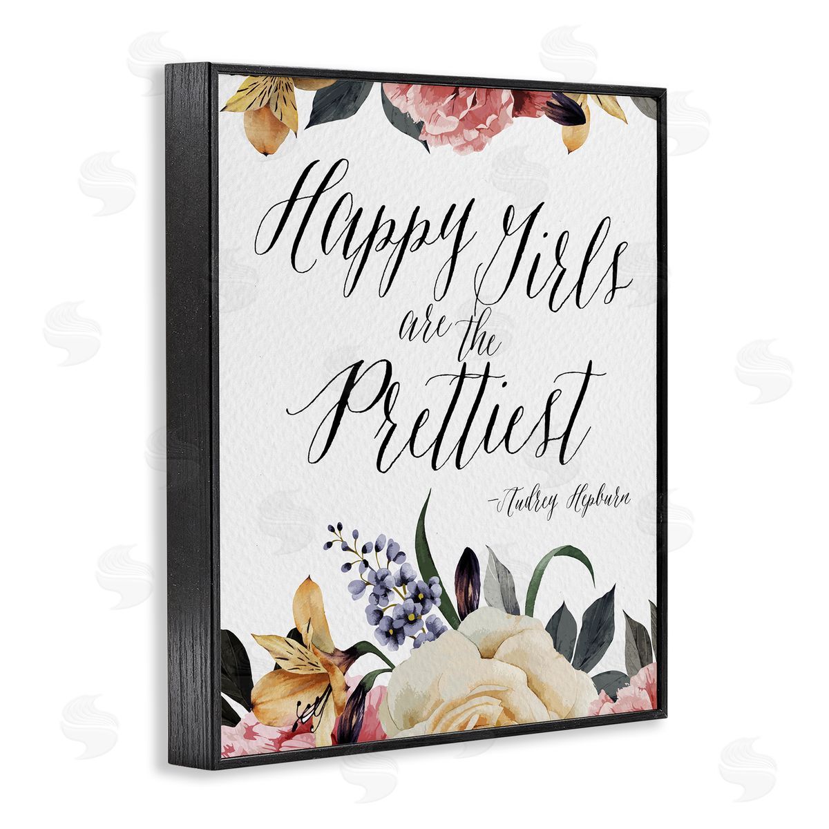 Amy Brinkman Happy Girls Are Prettiest Quote Floral Blossom   Black Framed Giclee Wall Art Print