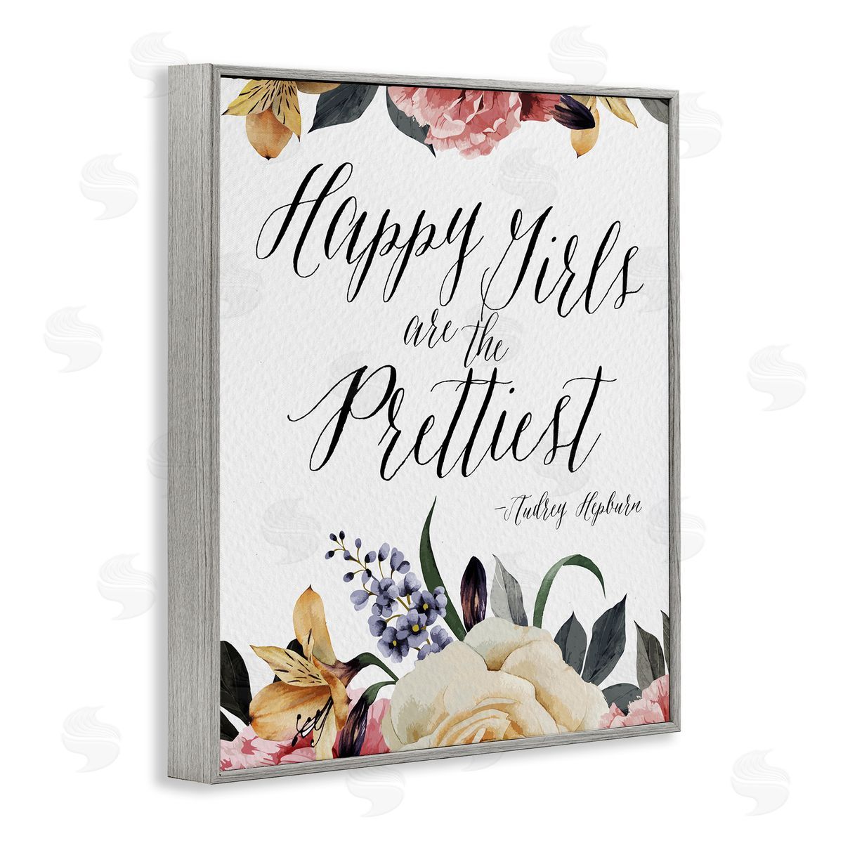 Amy Brinkman Happy Girls Are Prettiest Quote Floral Blossom   Gray Framed Giclee Wall Art Print