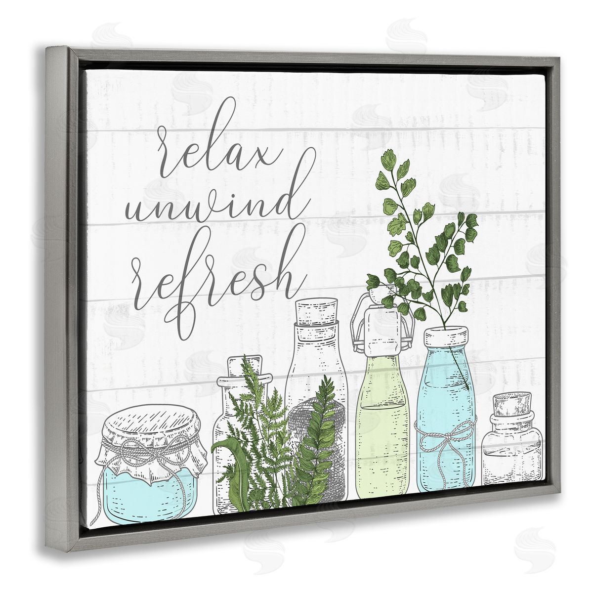 Kim Allen Relax Unwind Refresh Country Herbs Botanicals Jars  Gray Floating Frame Canvas Wall Art Print