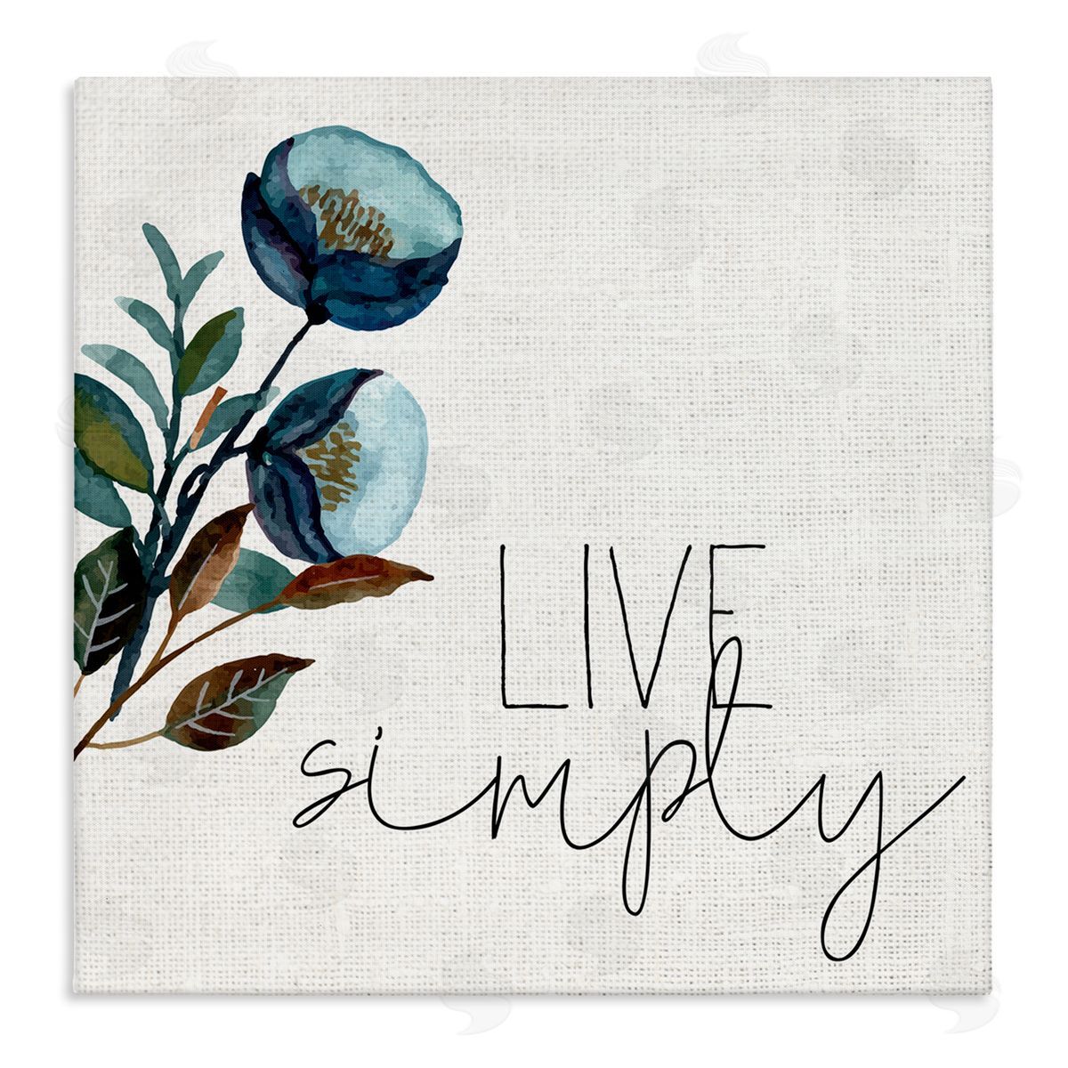 Kim Allen Live Simply Calligraphy Phrase Blue Flower Botanicals  Stretched Canvas Wall Art Print