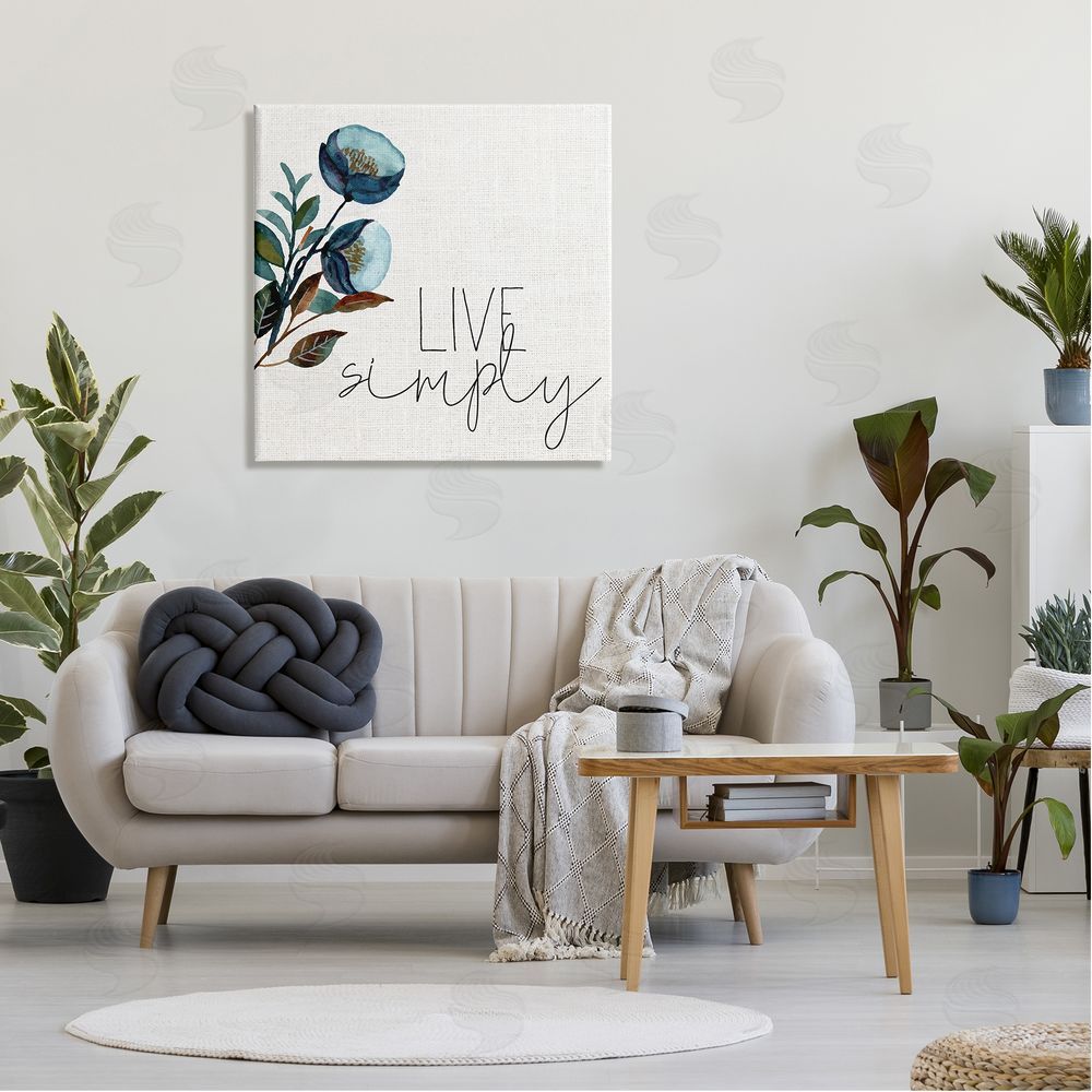 Kim Allen Live Simply Calligraphy Phrase Blue Flower Botanicals  Canvas Wall Art in Room