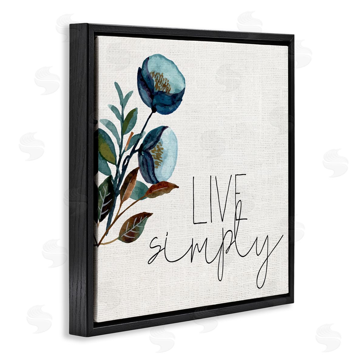 Kim Allen Live Simply Calligraphy Phrase Blue Flower Botanicals  Black Floating Frame Canvas Wall Art Print