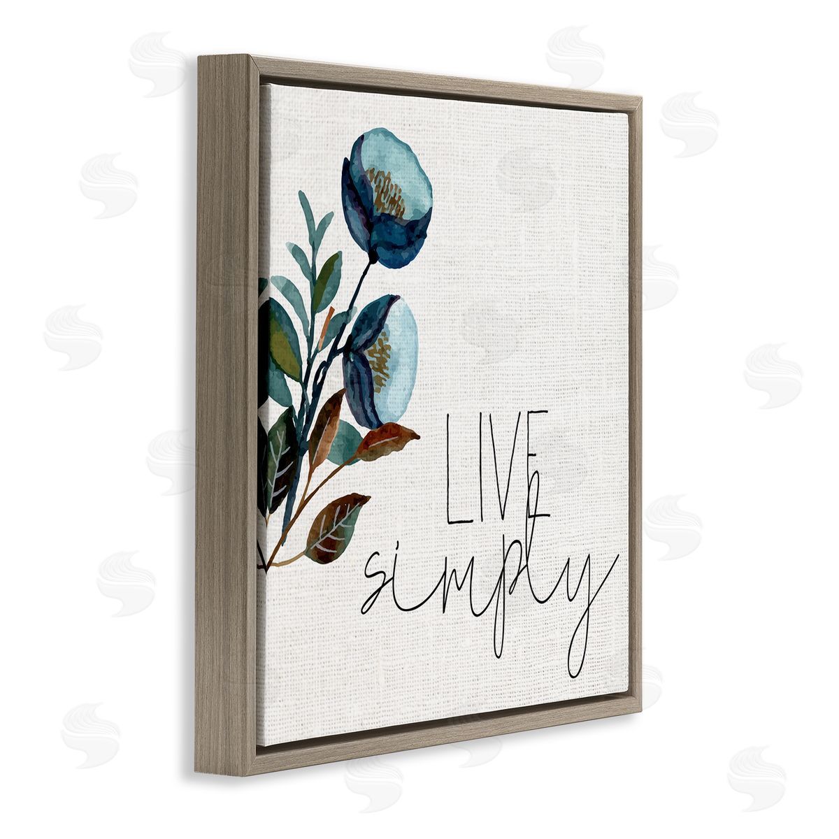 Kim Allen Live Simply Calligraphy Phrase Blue Flower Botanicals  Brown Floating Frame Canvas Wall Art Print