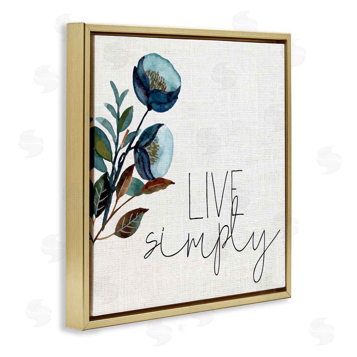 Kim Allen Live Simply Calligraphy Phrase Blue Flower Botanicals  Gold Floating Frame Canvas Wall Art Print