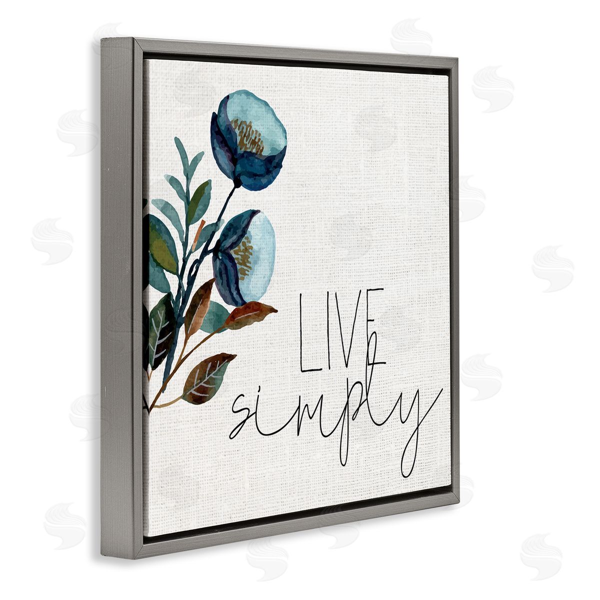 Kim Allen Live Simply Calligraphy Phrase Blue Flower Botanicals  Gray Floating Frame Canvas Wall Art Print