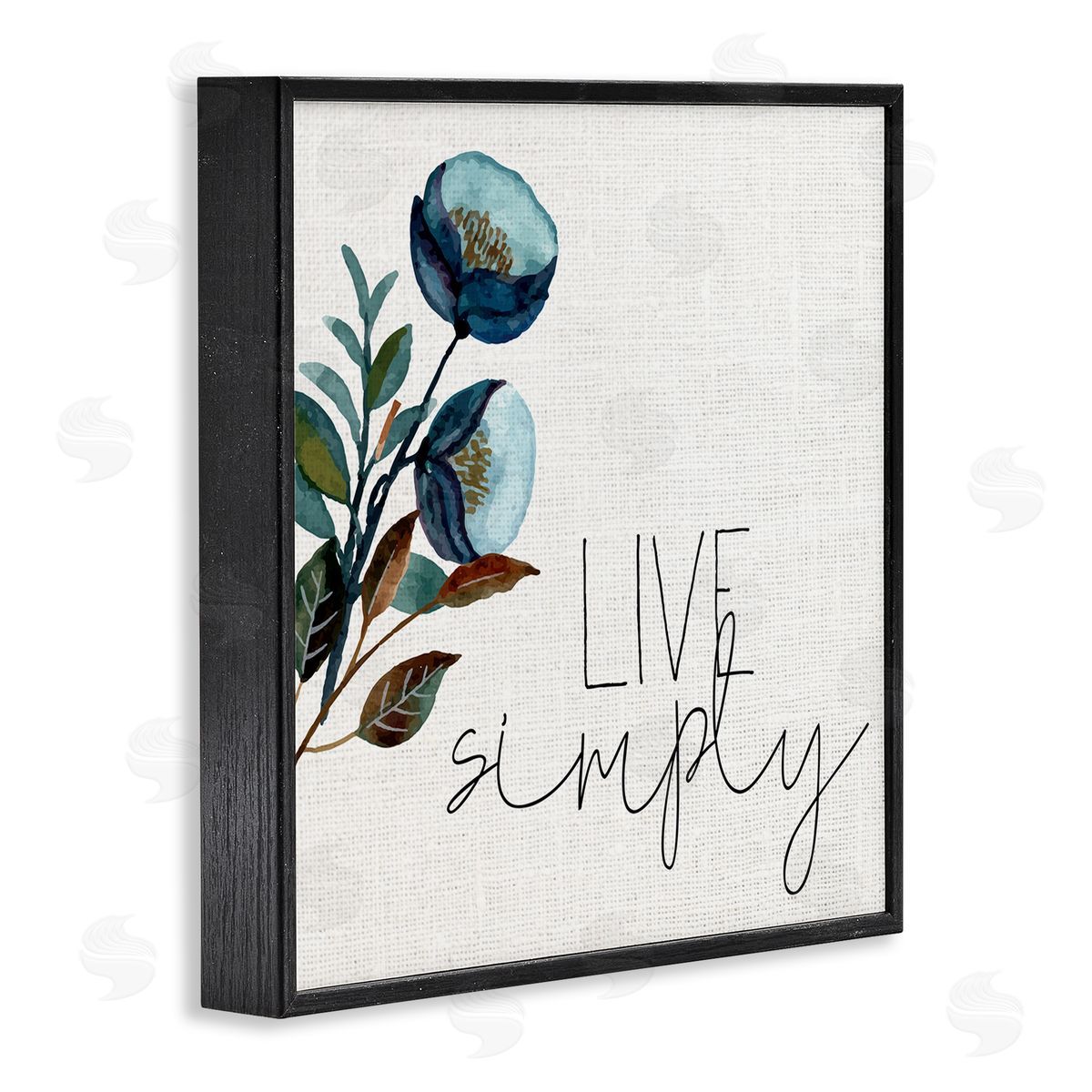 Kim Allen Live Simply Calligraphy Phrase Blue Flower Botanicals  Black Framed Glicee Wall Art Print