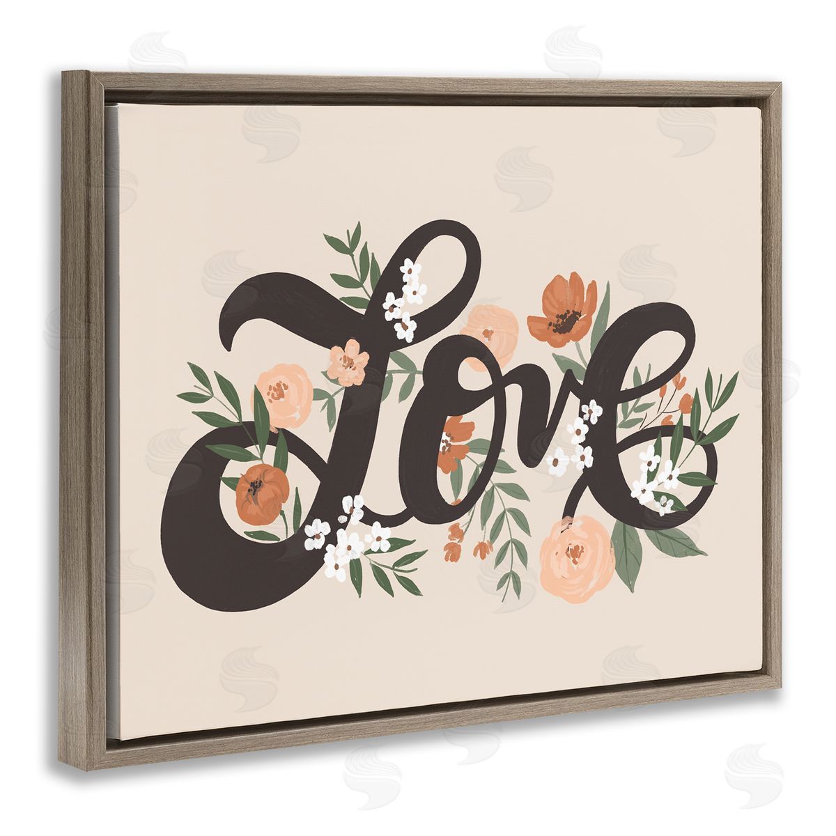 Loni Harris Vintage Love Word Botanical Flowers Weaving  Brown Floating Frame Canvas Wall Art Print