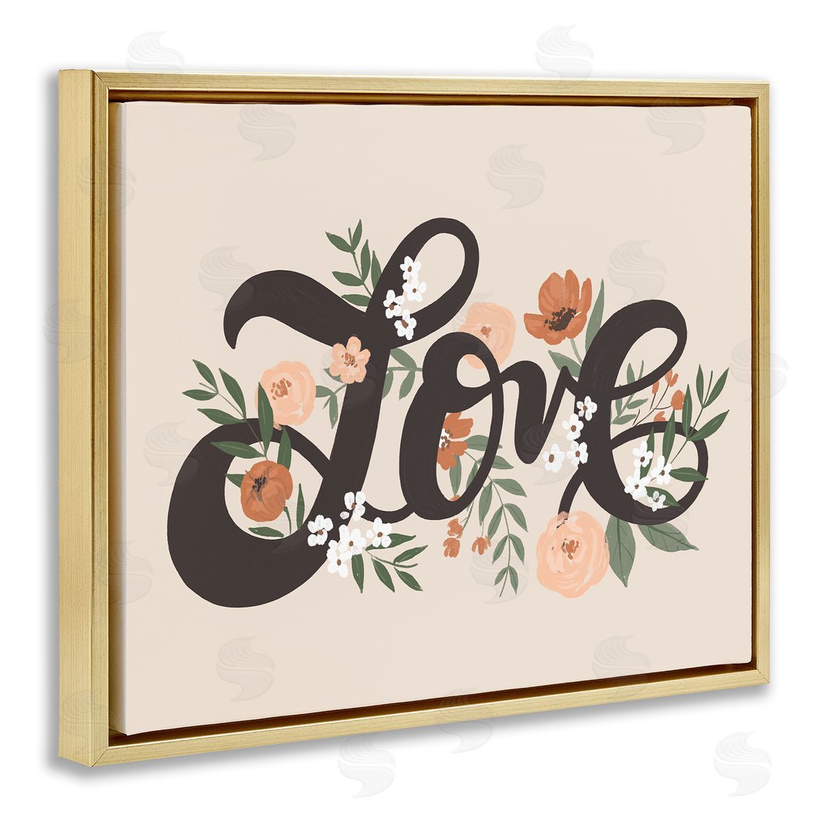 Loni Harris Vintage Love Word Botanical Flowers Weaving  Gold Floating Frame Canvas Wall Art Print
