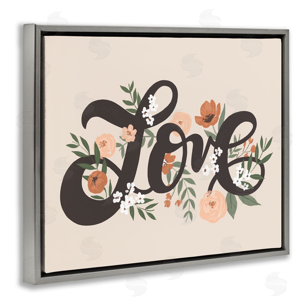 Loni Harris Vintage Love Word Botanical Flowers Weaving  Gray Floating Frame Canvas Wall Art Print