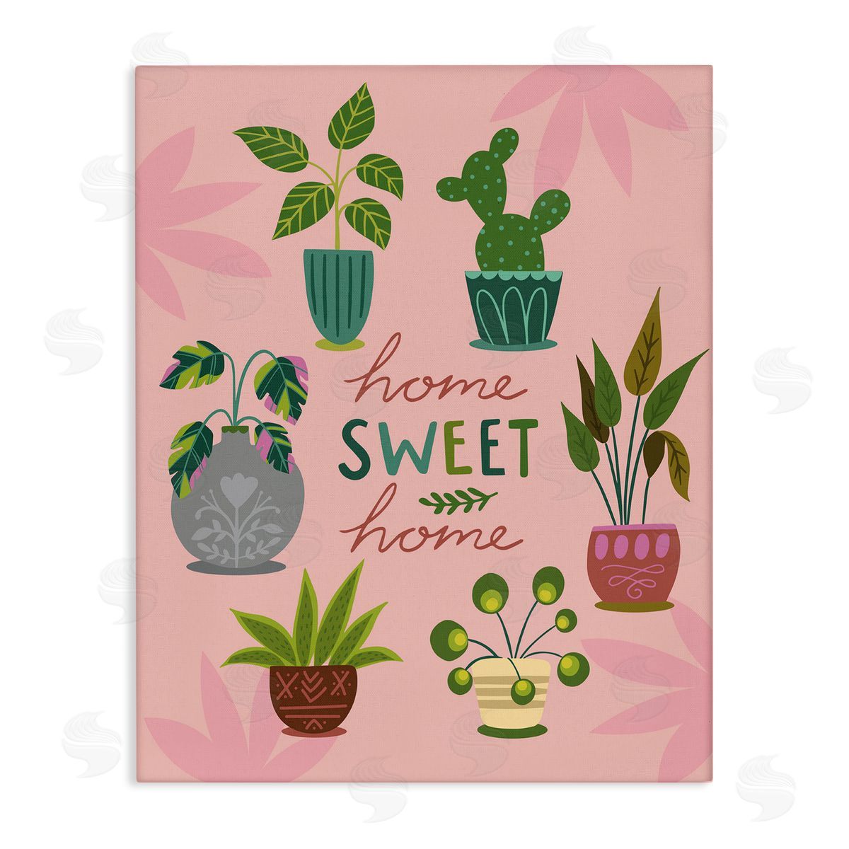Louise Allens Home Sweet Home Charming Potted House Plants  Stretched Canvas Wall Art Print
