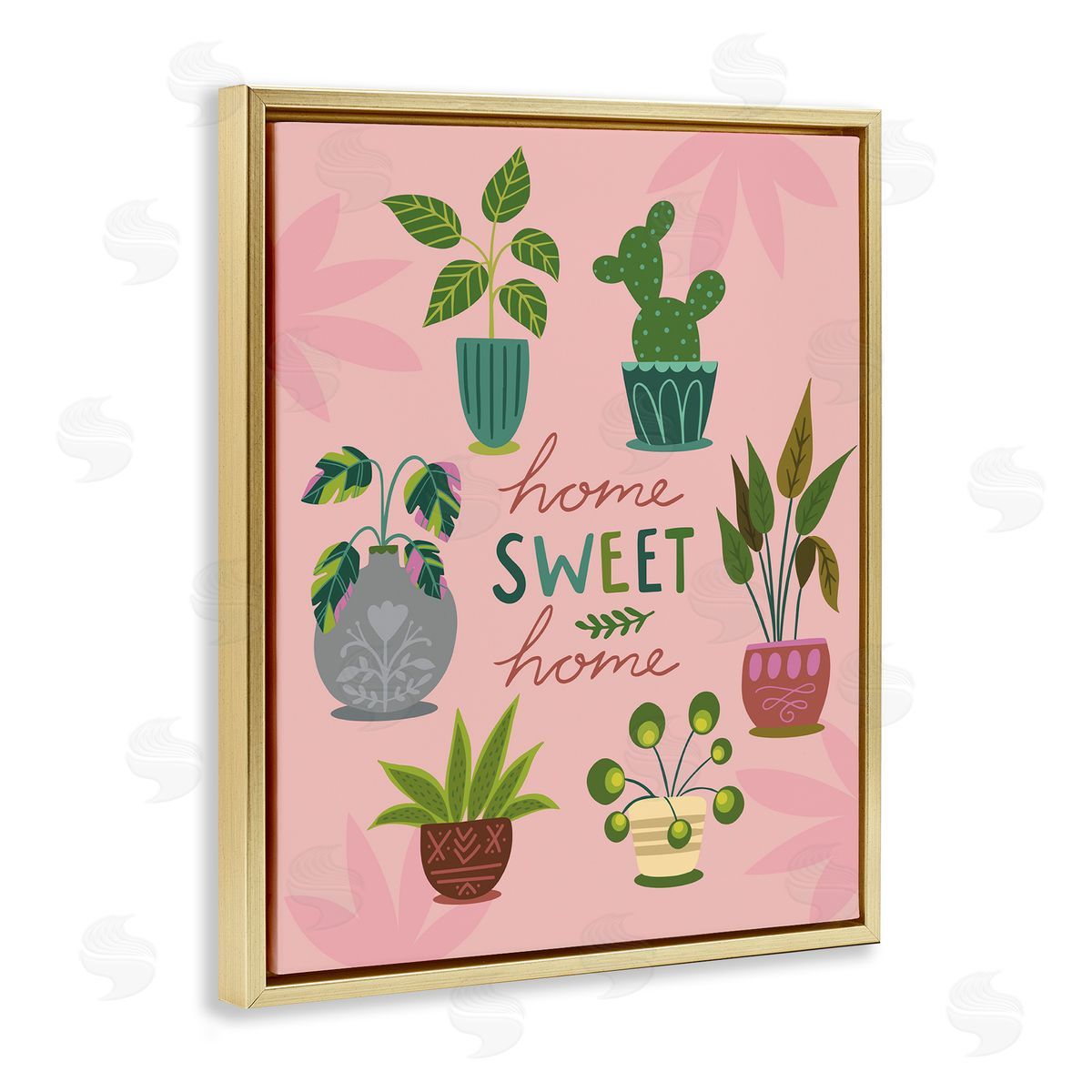 Louise Allens Home Sweet Home Charming Potted House Plants  Gold Floating Frame Canvas Wall Art Print