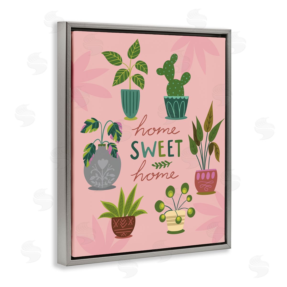 Louise Allens Home Sweet Home Charming Potted House Plants  Gray Floating Frame Canvas Wall Art Print