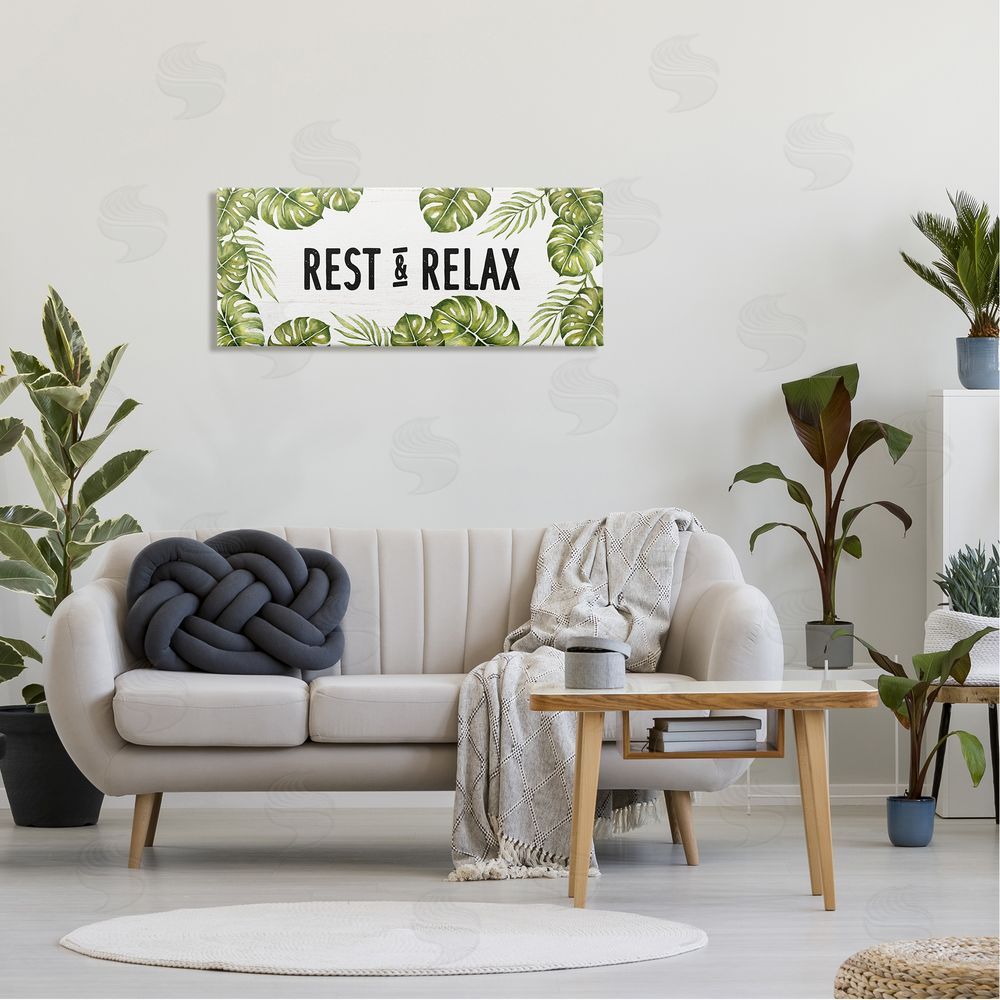 Stupell Studio Rest & Relax Tropical Monstera Plants Leaves Typography 