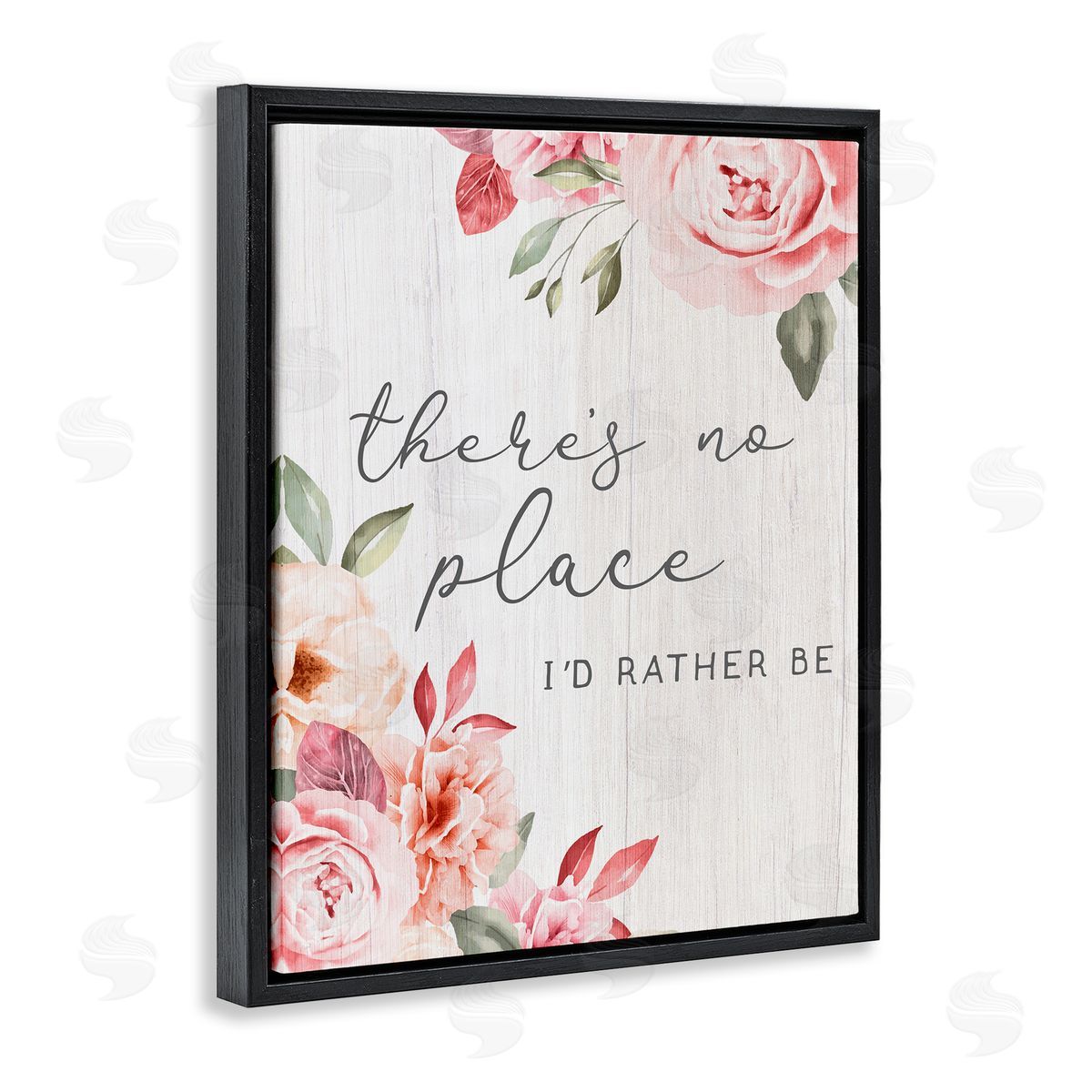 Stupell Studio No Place I'd Rather Be Phrase Pink Cottage Florals  Black Floating Frame Canvas Wall Art Print