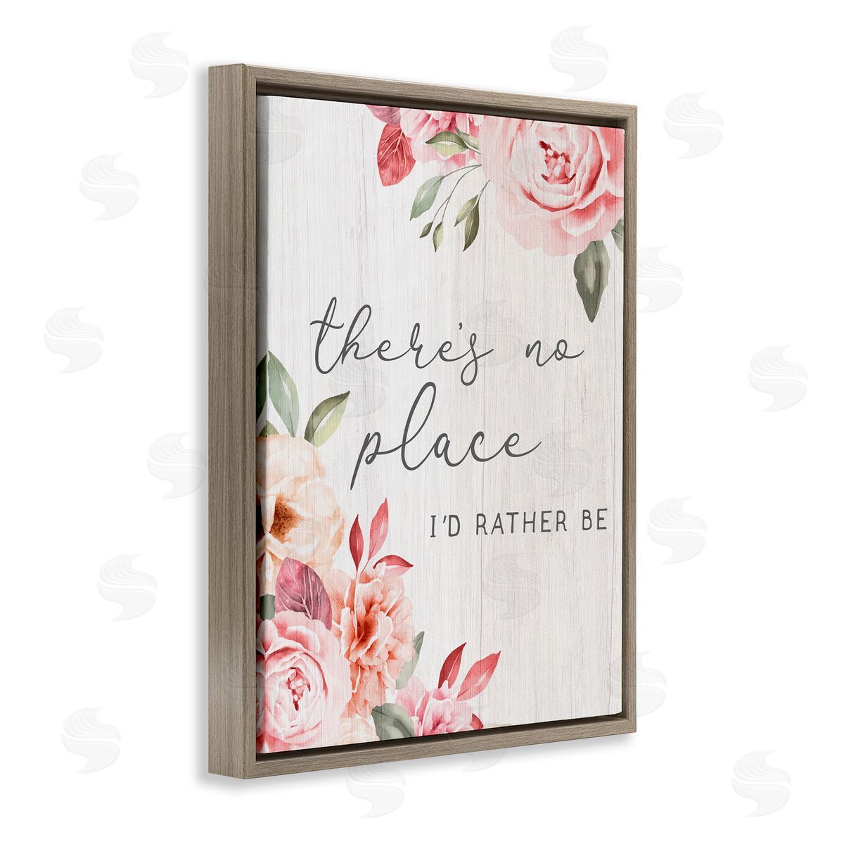 Stupell Studio No Place I'd Rather Be Phrase Pink Cottage Florals  Brown Floating Frame Canvas Wall Art Print
