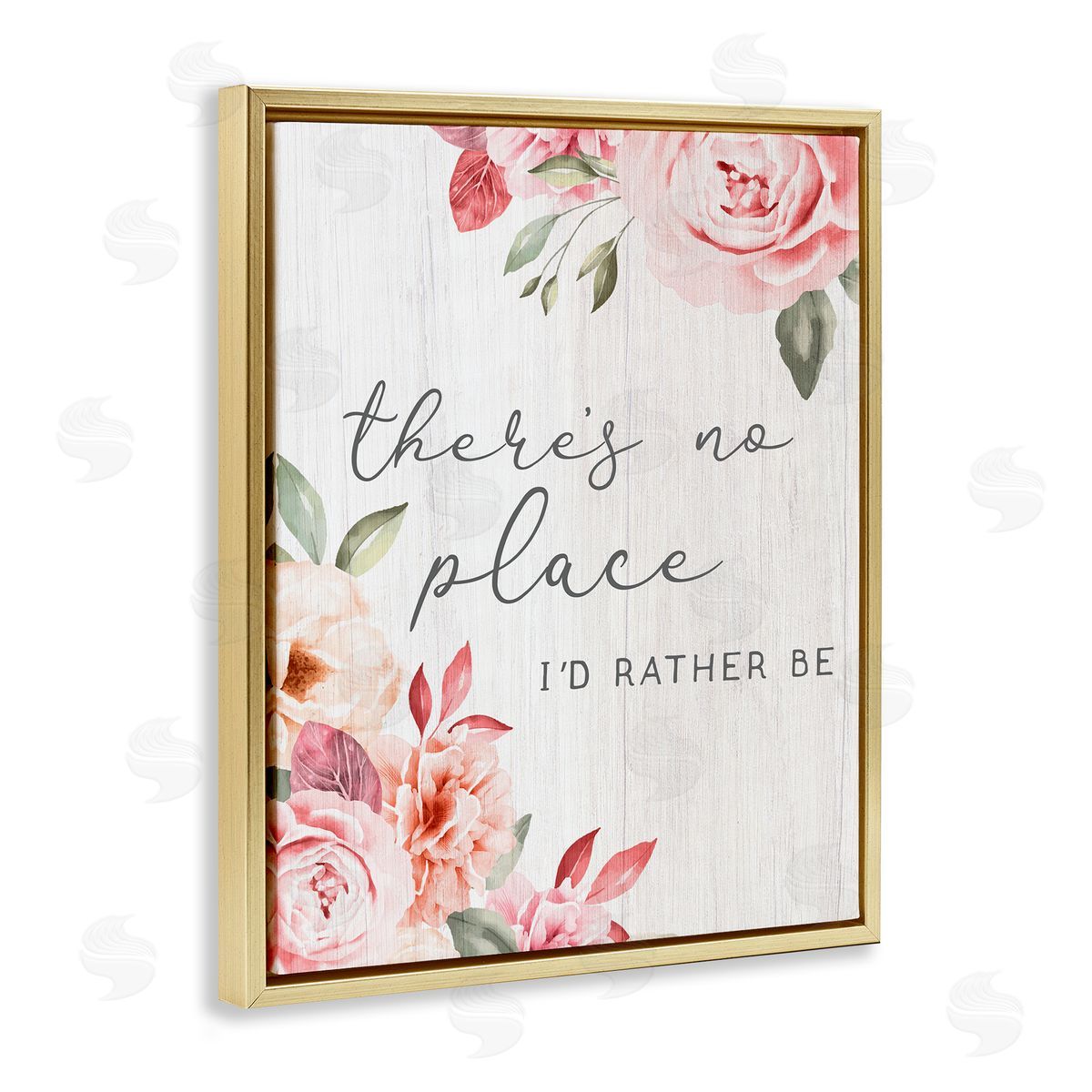 Stupell Studio No Place I'd Rather Be Phrase Pink Cottage Florals  Gold Floating Frame Canvas Wall Art Print