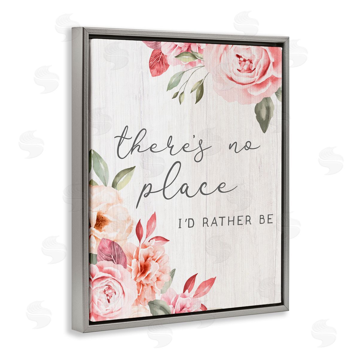 Stupell Studio No Place I'd Rather Be Phrase Pink Cottage Florals  Gray Floating Frame Canvas Wall Art Print