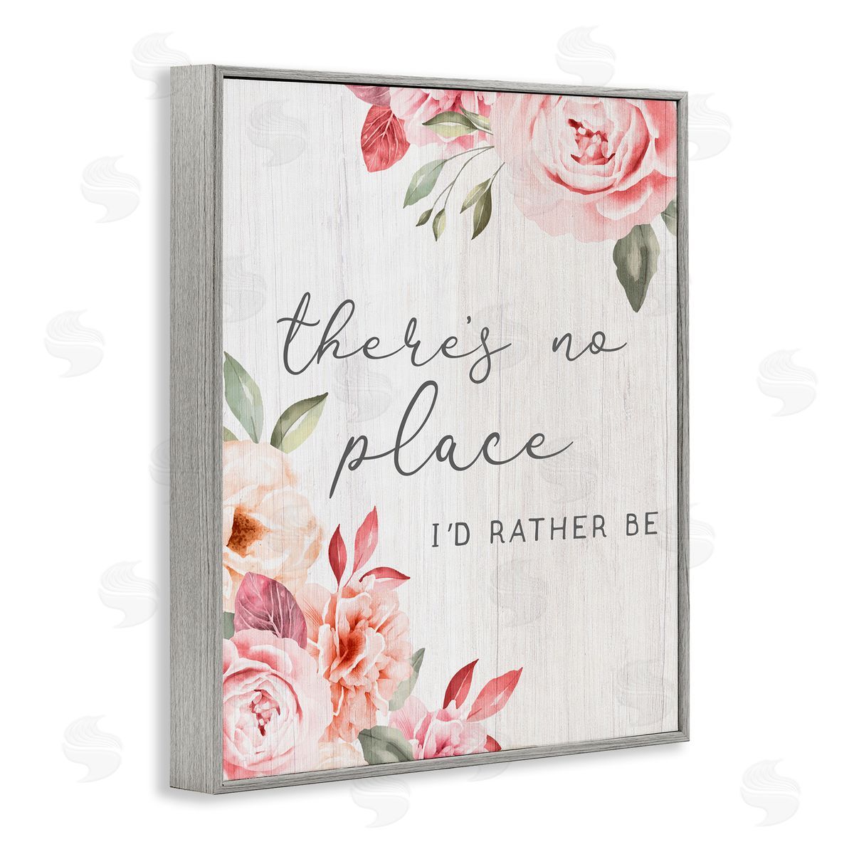 Stupell Studio No Place I'd Rather Be Phrase Pink Cottage Florals  Gray Framed Giclee Wall Art Print