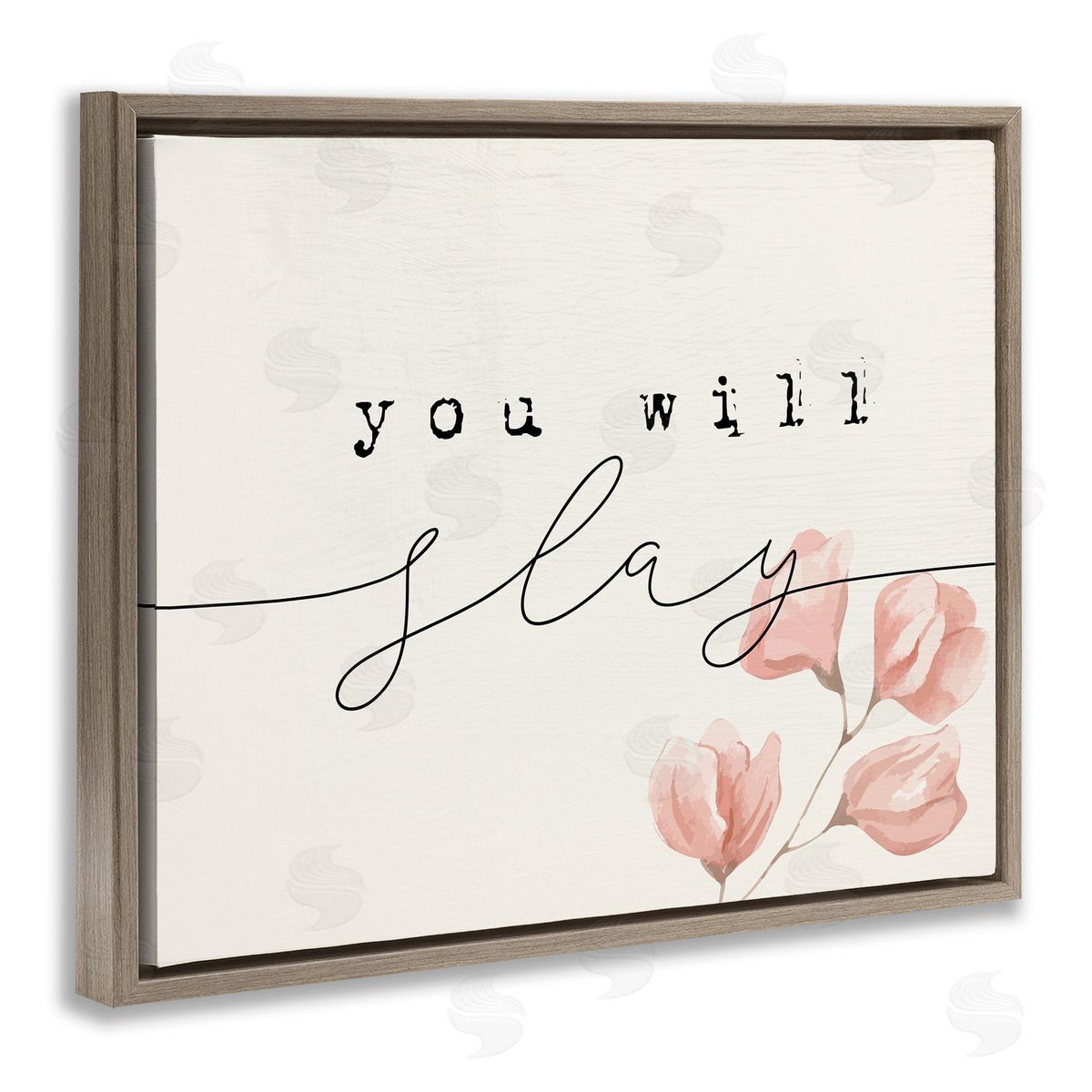 Stupell Studio You Will Slay Minimal Pink Flower Blossoms Typography Brown Floating Frame Canvas Wall Art Print