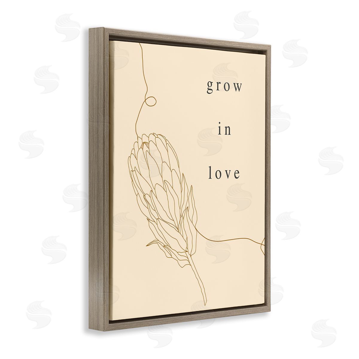 Stupell Studio Grow In Love Quote Plant Blossom Line Drawing  Brown Floating Frame Canvas Wall Art Print