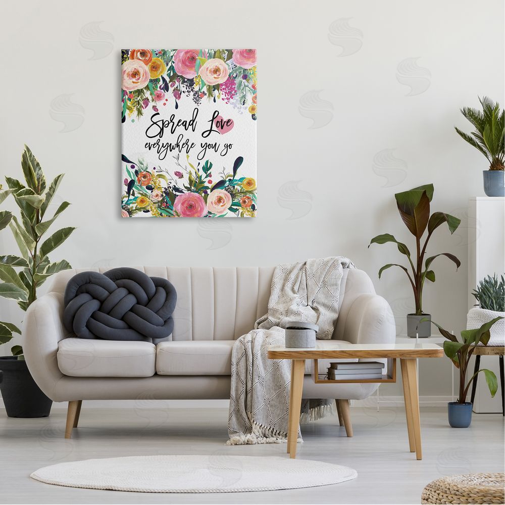 Amy Brinkman Spread Love Phrase Pink Floral Blooms Calligraphy  Canvas Wall Art Print in Room
